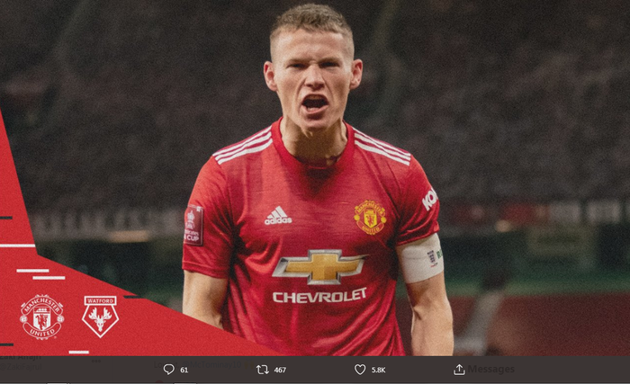 Gelandang Manchester United, Scott McTominay, mencetak gol kemenangan ke gawang Watford dalam ajang Piala FA, Sabtu (9/1/2021).