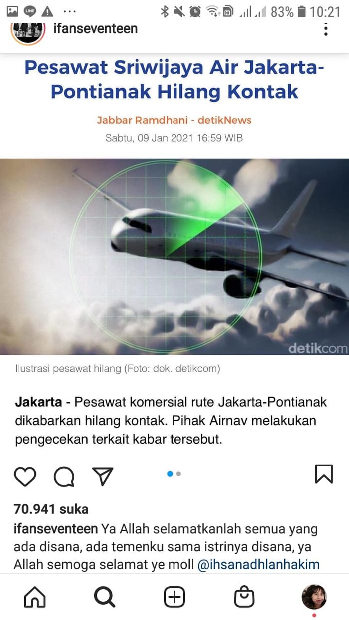 Postingan Ifan Seventeen terkait jatuhnya pesawat Sriwijaya Air SJ-182.