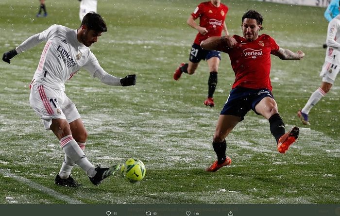 Pemain Real Madrid, Marco Asensio, dalam laga kontra Osasuna pada Sabtu (9/1/2021).