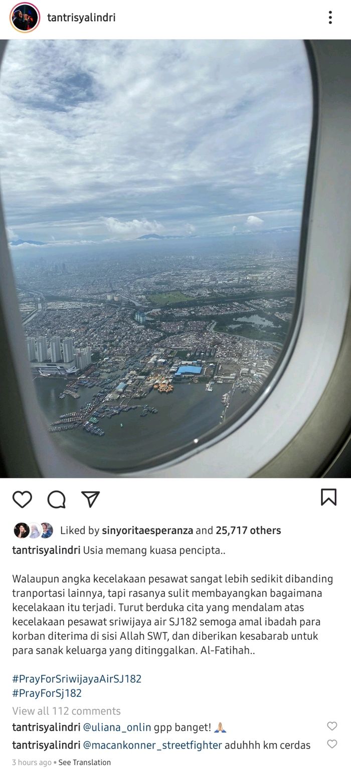 Unggahan Tantri Syalindri terkait pesawat Sriwijaya Air SJ-182 yang jatuh.