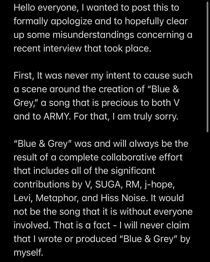 Unggahan permintaan maaf dan klarifikai NIve atas kontroversi lagu BTS 'Blue &amp; Grey'