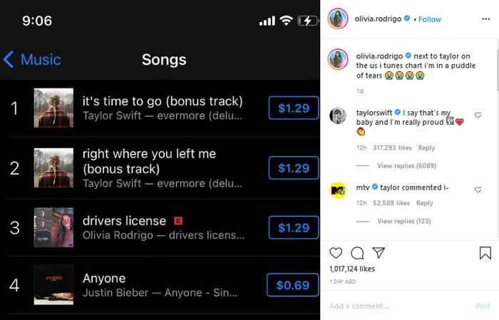 Olivia Rodrigo mengunggah tangkapan layar saat lagunya bersanding dengan lagu Taylor Swift di iTunes