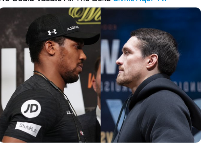 Foto rekayasa sesi staredown antara juara kelas berat WBO, Anthony Joshua (kiri), dan juara kelas berat inter-kontinental WBO, Oleksandr Usyk (kanan).