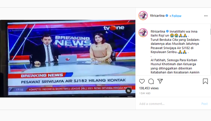 Unggahan Fitri Carlina tentang kecelakaan pesawat Sriwijaya Air 