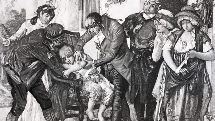Vaksinasi cacar pertama dokter Inggris Edward Jenner, dilakukan pada James Phipps pada tahun 1796.