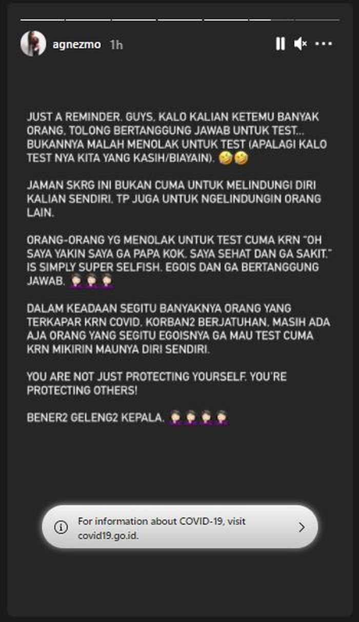 Agnez Mo soroti orang-orang yang enggan melakukan test usai berkerumunan.