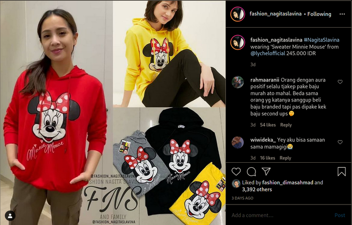 Tetap tampil elegan dengan pakai sweater imut bergambar Minnie Mouse, Nagita Slavina justru bikin netizen melongo lihat harga aslinya Rp 245 ribu.