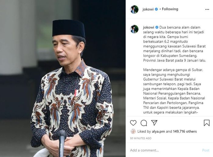Unggahan Instagram Presiden Jokowi.