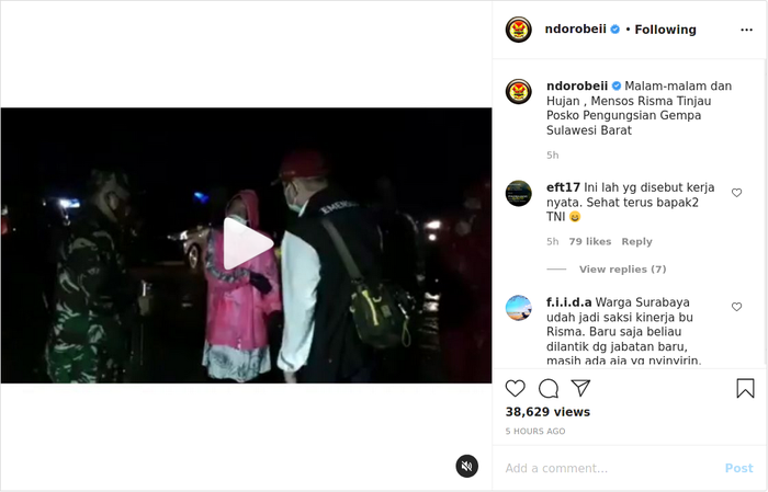 Seakan menjawab permintaan publik, Menteri Sosial Tri Rismaharini terlihat mendatangi langsung posko pengungsian bencana gempa di Sulawesi Barat.