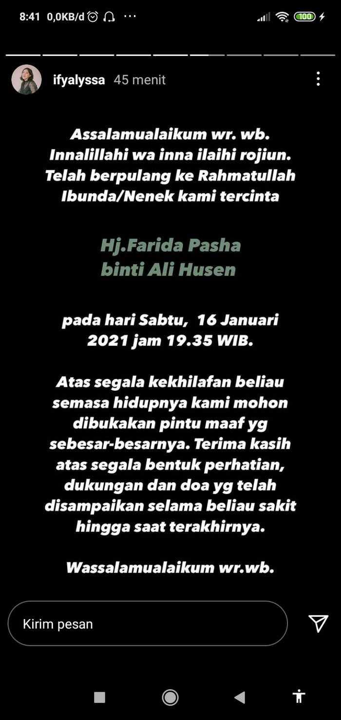 Berita duka atas kepergian Farida Pasha disampaikan oleh penyanyi Ify Alyssa yang juga merupakan cucu sang aktris senior.  