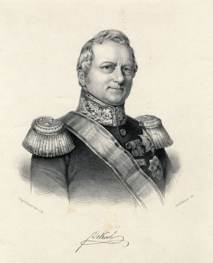 Hendrik Merkus Baron De Kock, Luitenant-Generaal, Kommandeur der Militaire Willemsorde. Artist E. Spanier dan I.H. Hoffmeister. Sekitar 1830. 