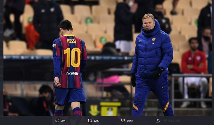 Lionel Messi kena kartu merah dalam partai final Piala Super Spanyol antara Barcelona vs Athletic Bilbao, 17 Januari 2021.