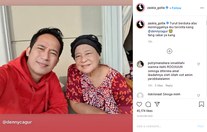 Unggahan belasungkawa Zaskia Gotik atas meninggalnya ibu Denny Cagur