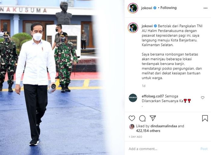 Update Jokowi ketika akan terbang ke Kalimantan Selatan pada Senin (18/1/2021).