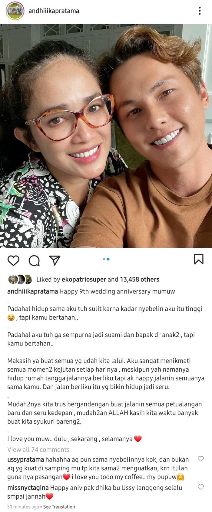 Unggahan Andhika Pratama saat anniversary 9 tahun pernikahan dengan Ussy Sulistiawaty.
