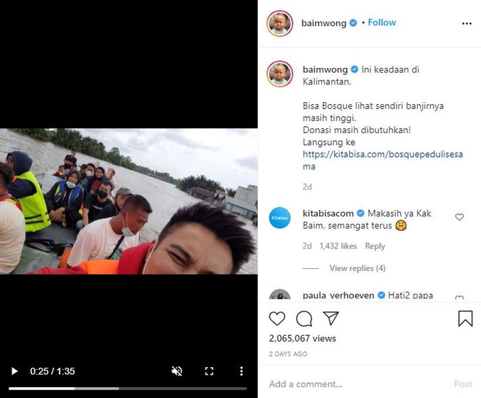Video yang dibagikan Baim Wong saat memperlihatkan kondisi banjir di Kalsel. 