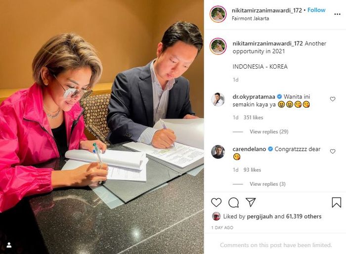 Unggahan Instagram Nikita yang memperlihatkan dirinya akan bekerja sama dengan Korea.
