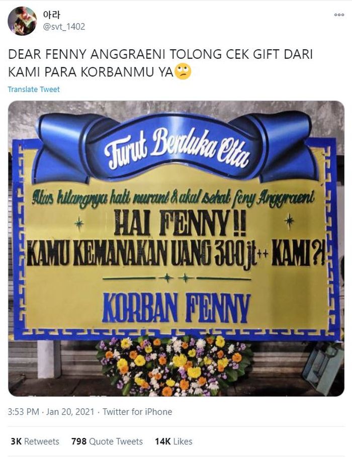 Korban penipuan merchandise Kpop mengirimkan karangan bunga yang bertuliskan sindiran untuk penjual bernama Fenny 