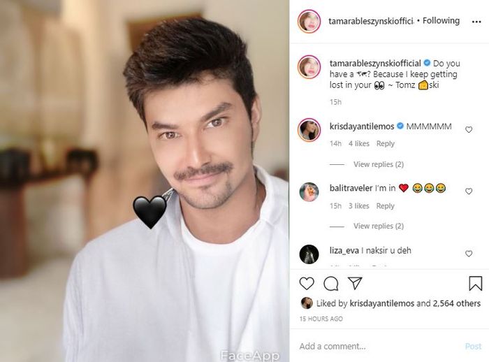 Tamara Bleszynski berubah menjadi ganteng dengan kumis dan cambang di wajahnya