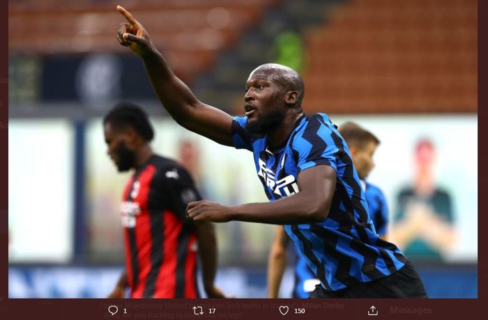 Romelu Lukaku mencetak gol dalam derbi Inter Milan vs AC Milan di Liga Italia 2020-2021.