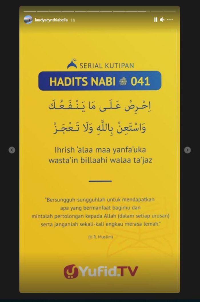 Laudya Cynthia Bella diketahui baru saja mengunggah postingan sebuah hadis di dalam Insta Story-nya