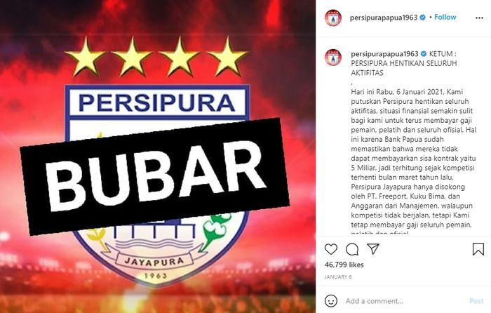 Pernyataan pembubaran tim Persipura Jayapura pada 6 Januari 2021.