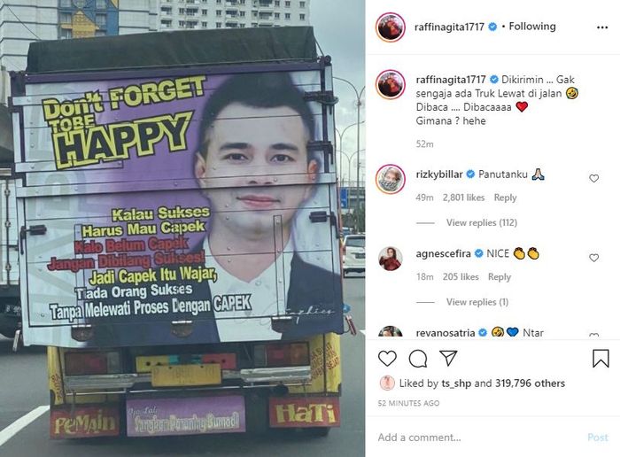 Tangkap Layar Raffi Ahmad Unggah Foto Truk Bergambarkan Dirinya.