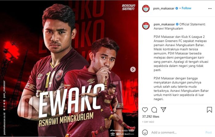 Pelepasan Asnawi Mangkualam menuju Ansan Greeners oleh PSM Makassar.