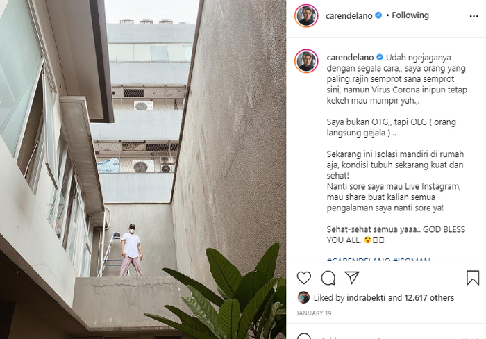 Unggahan Caren Delano saat umumkan dirinya positif Covid-19.