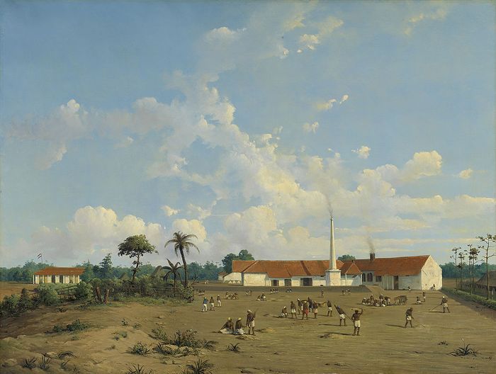 Lukisan berjudul De suikerfabriek Kemanglen bij Tegal op Java karya Ab Salm, sekitar 1870-1875. Pabrik gula Kemanglen dekat Tegal di Jawa Tengah, didirikan pada 1841 oleh Th. Lucassen. Pemandangan pabrik gula dengan cerobong asap. Tampak rumah administrator dengan bendera Belanda.