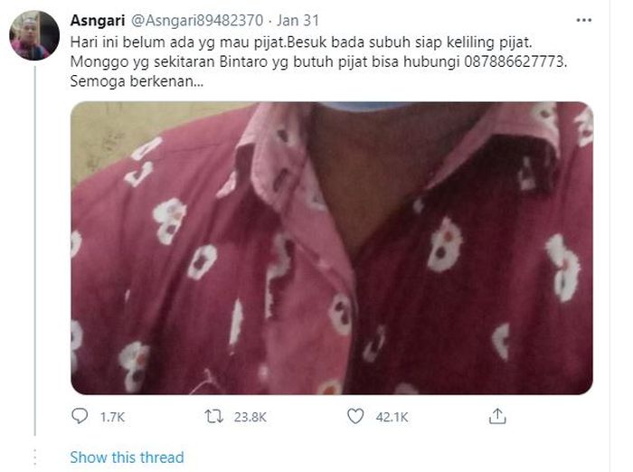 Unggahan tukang pijat yang mempromosikan jasanya melalui media sosial Twitter.