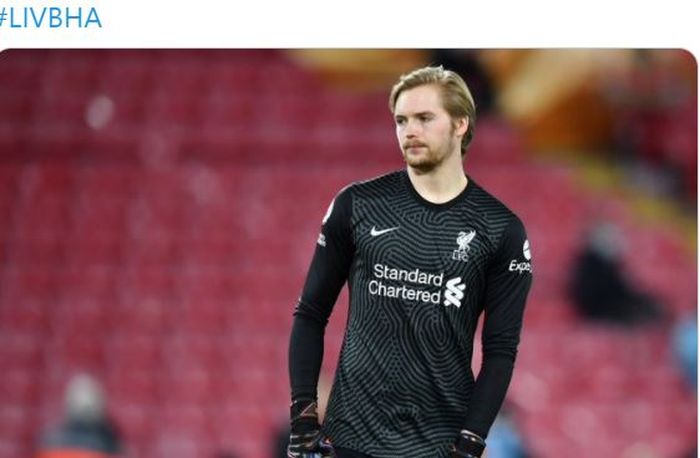 Ekspresi kiper Liverpool, Caoimhin Kelleher, dalam laga Liga Inggris kontra Brighton &amp; Hove Albion di Stadion Anfield, Rabu (3/2/2021).