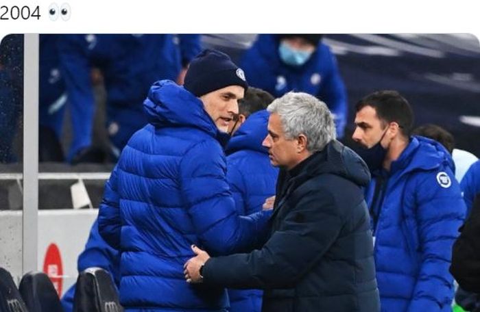 Pelatih Chelsea, Thomas Tuchel, bersalaman dengan pelatih Tottenham Hotspur, Jose Mourinho, seusai laga Liga Inggris di Tottenham Hotspur Stadium, Kamis (4/2/2021).