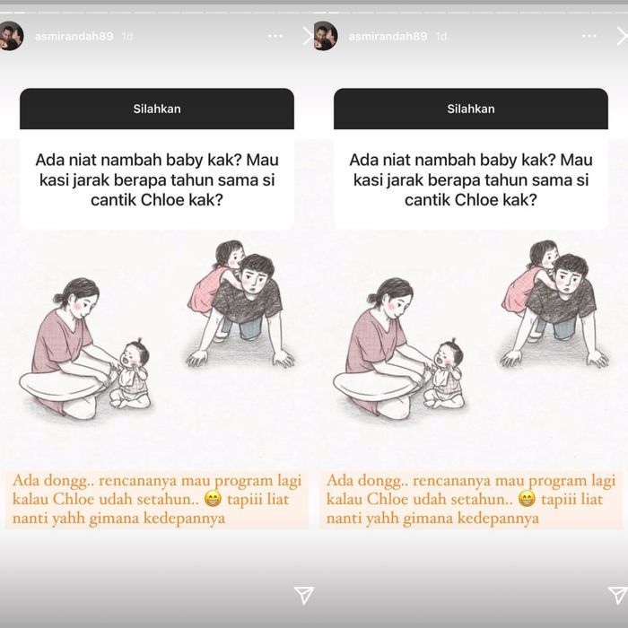 Asmirandah ungkap keinginan memiliki momongan lagi.