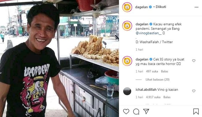 Tangkap layar unggahan @dagelan terkait penjual gorengan yang mirip dengan Vino G Bastian.