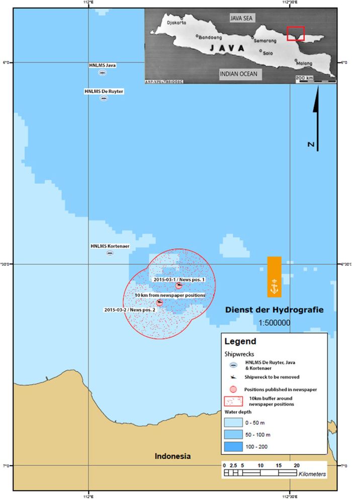 Lokasi tiga kapal Belanda yang tenggelam di Laut Jawa yang dilaporkan.