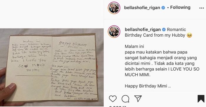 Bella Shofie mendapat kartu ucapan romantis dari sang suami.