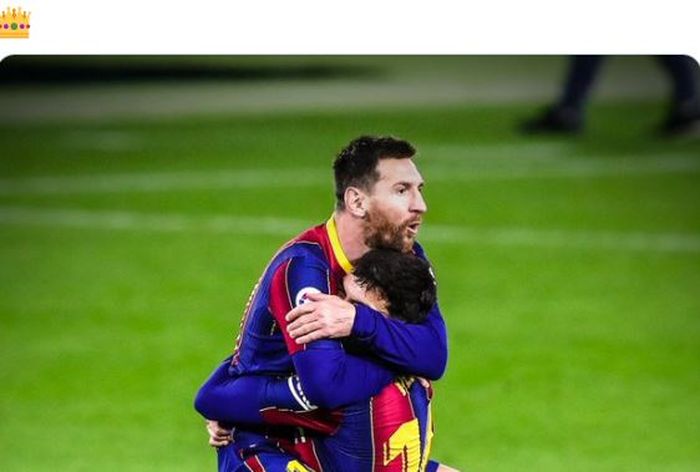 Megabintang Barcelona, Lionel Messi, merayakan gol yang dicetak ke gawang Real Betis dalam laga Liga Spanyol di Stadion Benito Villamarin, Minggu (7/2/2021).