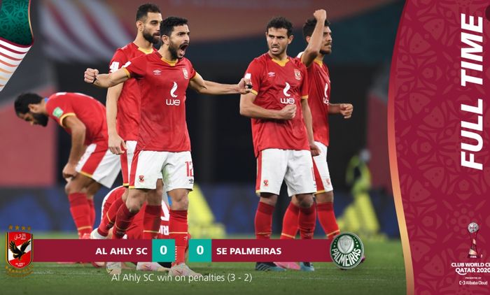 Al Ahly sukses menempati peringkat ketiga dalam laga perebutan tempat ketiga Piala Dunia Klub 2020 usai menang adu penalti 3-2 atas Palmeiras.