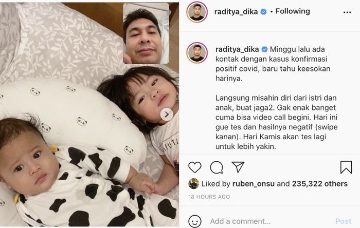 Raditya Dika memilih untuk berpisah dari Istri dan anaknya setelah ia kedapatan berhubungan dengan orang positif covid-19.