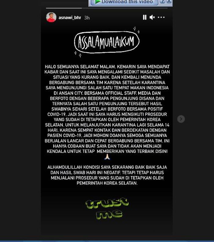 Unggahan insta story Asnawi Mangkualam pada Jumat (19/2/2021).