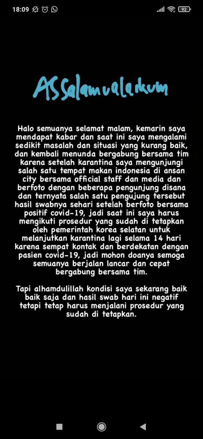 Pemain Ansan Greeners, Asnawi Mangkualam, menjelaskan kronologi dan kondisinya usai terlibat kontak dengan pasien positif Covid-19 di Korea Selatan.