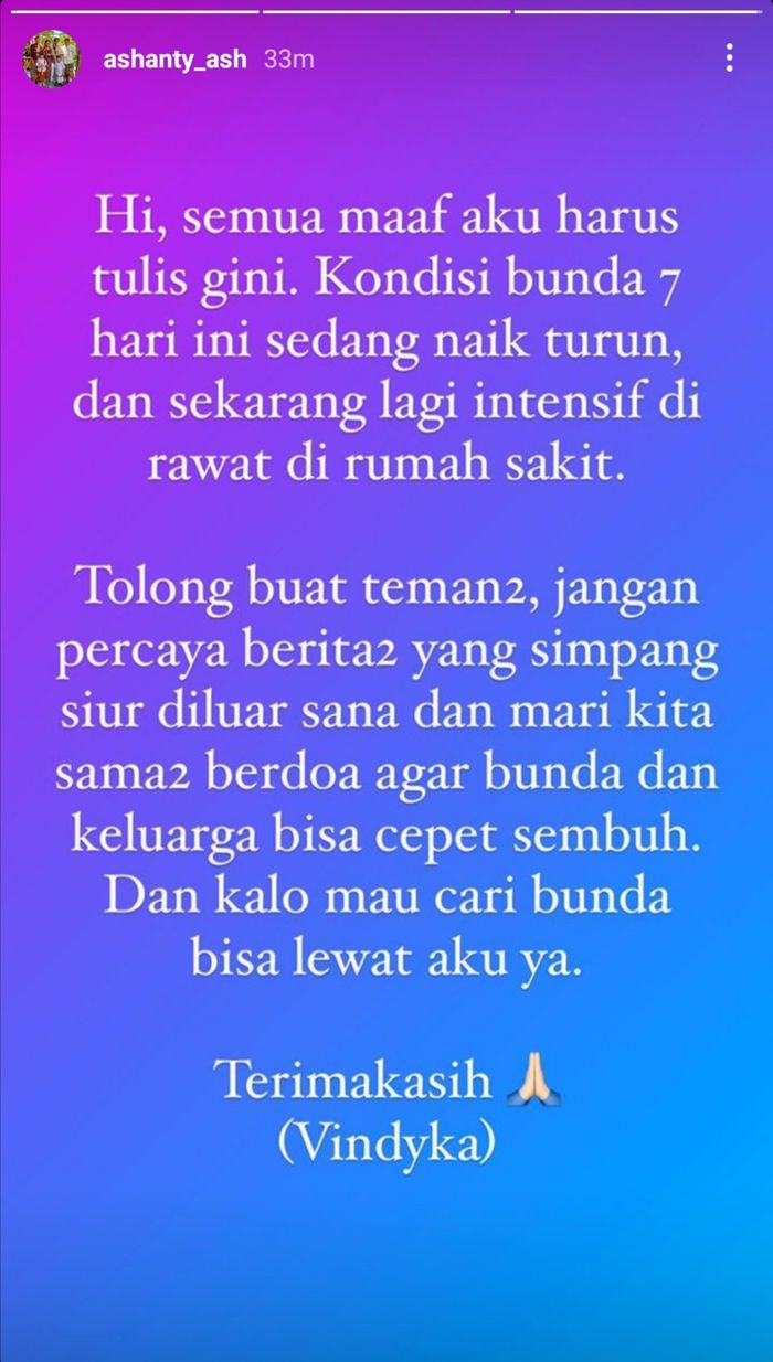 Melalui instagram Ashanty, asisten Ashanty mengabarkan kondisi Ashanty setelah hampir satu minggu dinyatakan positif terinfeksi Covid-19.