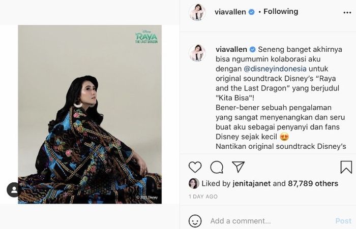 Via Vallen dipercaya Disney Indonesia untuk menyanyikan soundtrack film &lsquo;Raya and the Last Dragon&rsquo;.