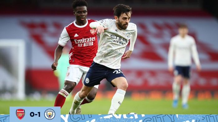 Gelandang Manchester City, Bernardo Silva, berduel dengan gelandang Arsenal, Bukayo Saka, dalam laga Liga Inggris di Stadion Emirates, Minggu (21/2/2021).