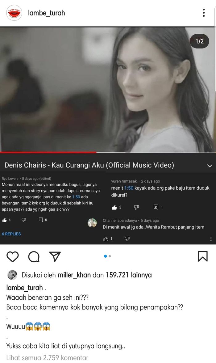 Belakangan, netizen ramai membahas adanya sosok hitam yang kedapatan dalam video klip Denis Chairis bertajuk 'Kau Curangi Aku'.