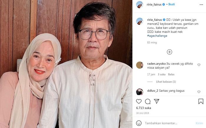 Ririe Fairus pernah mengunggah foto dia dan Ayus menggunakan efek atau fiter wajah menjadi tua.