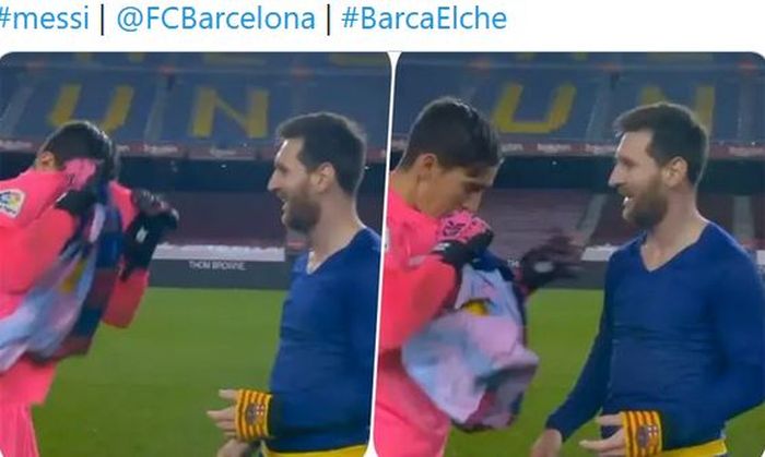 Kiper Elche, Edgar Badia, bertukar kaus dengan megabintang Barcelona, Lionel Messi, seusai laga Liga Spanyol di Stadion Camp Nou, Rabu (24/2/2021).