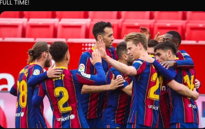 Barcelona sukses menaklukkan Sevilla di Stadion Ramon Sanchez Pizjuan berkat kemenangan 2-0 dalam lanjutan laga Liga Spanyol 2020-2021.