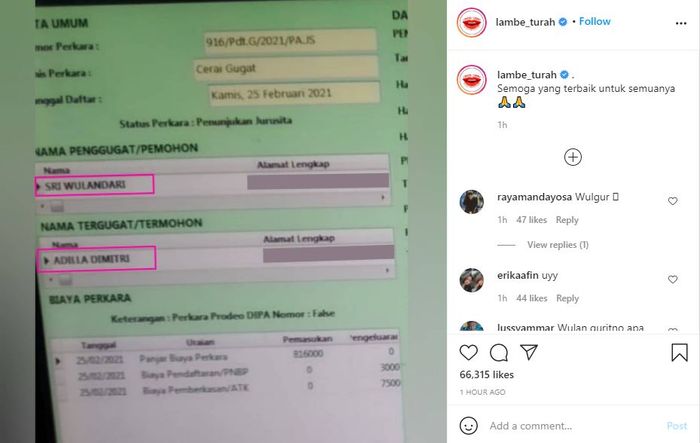 Unggahan Lambe Turah terkait berkas gugatan cerai Wulan Guritno terhadap Adilla Dimitri.
